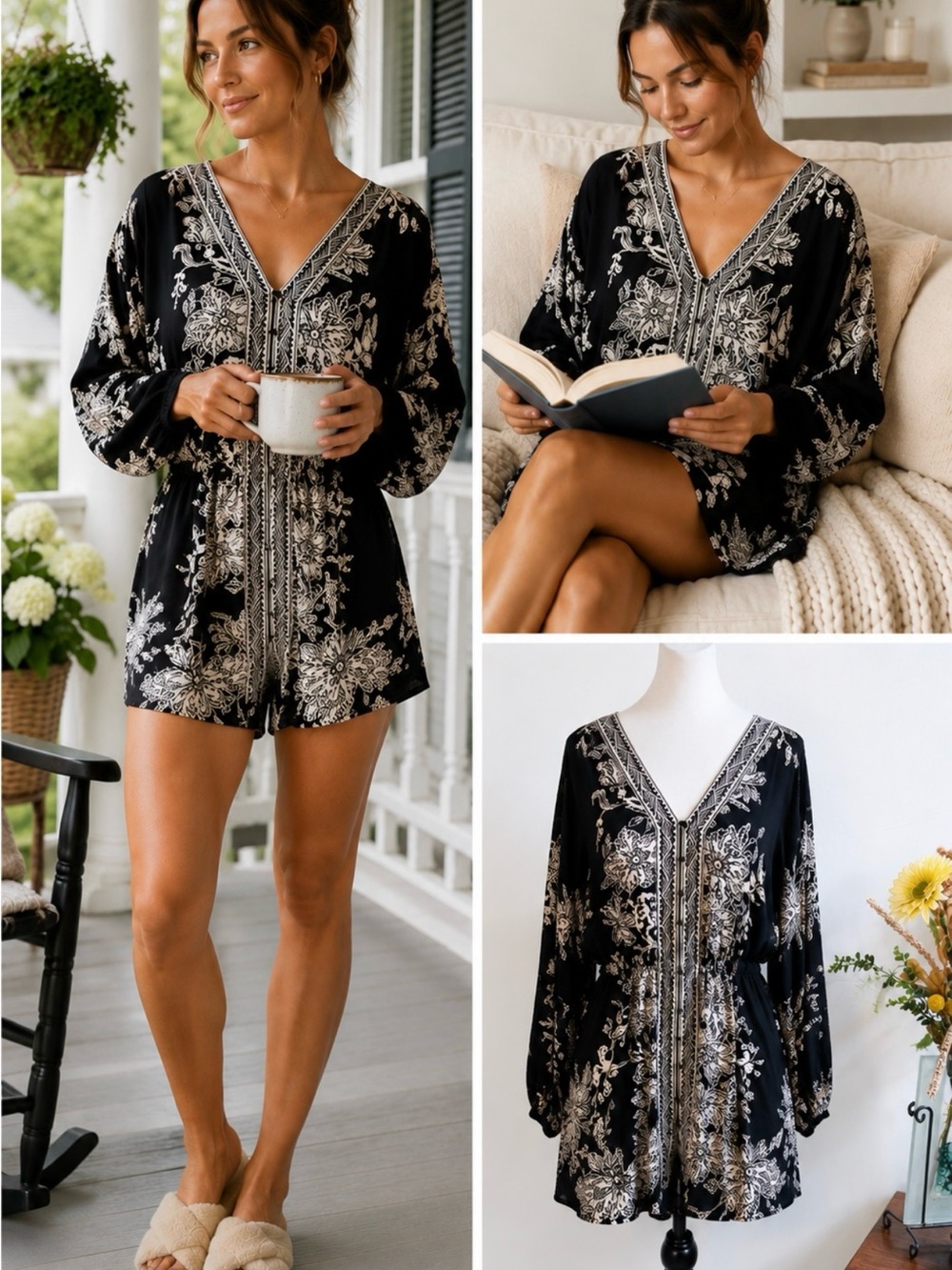 💥By Anthropologie Floral Rayon Sleep Lounge Romper Black Ivory Boho Sz L🧡